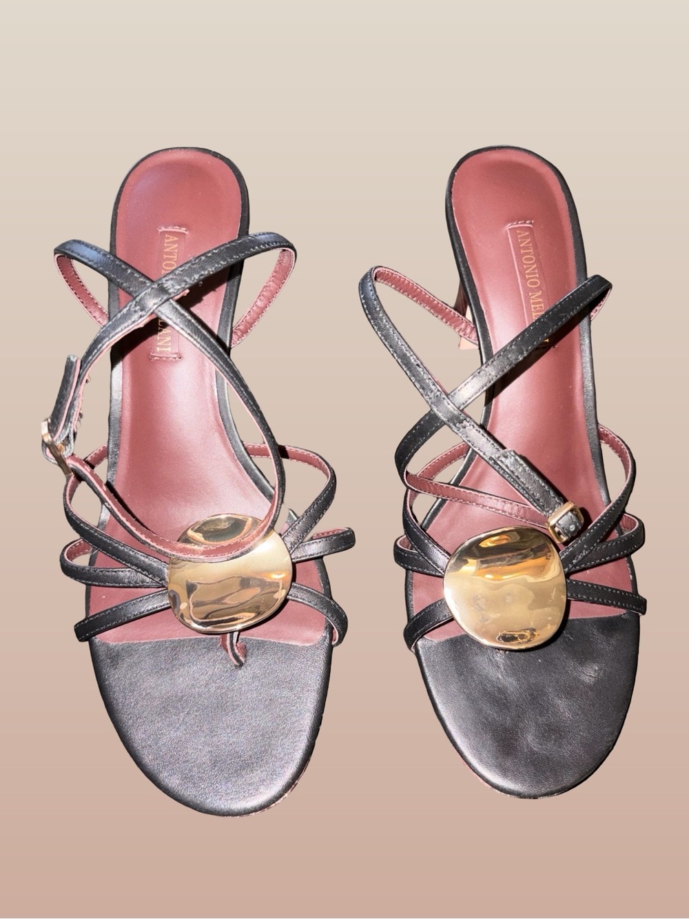 ANTONIO MELANI Black Strappy Heels with Gold Disc